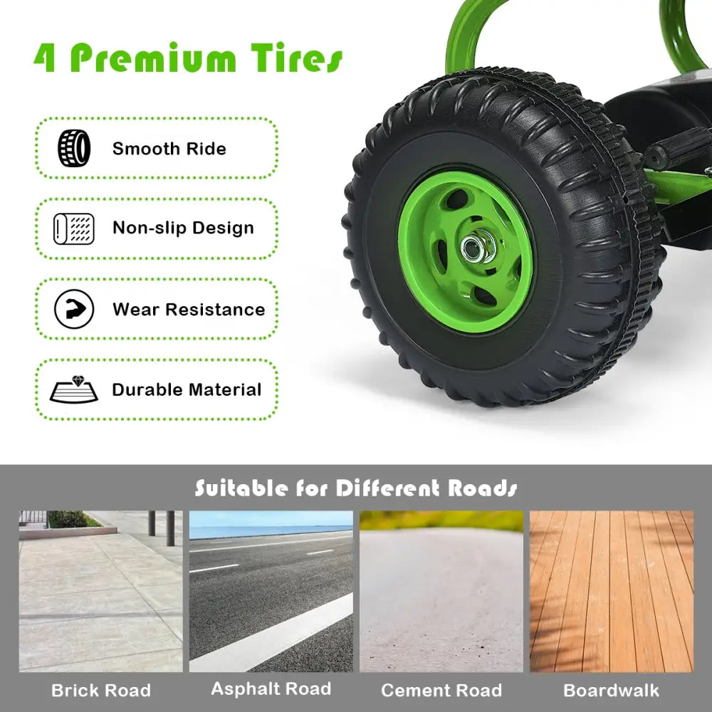 4 Wheel Pedal Powered Ride On with Adjustable Seat-Green - Green - Push & Pedal Ride On Toys