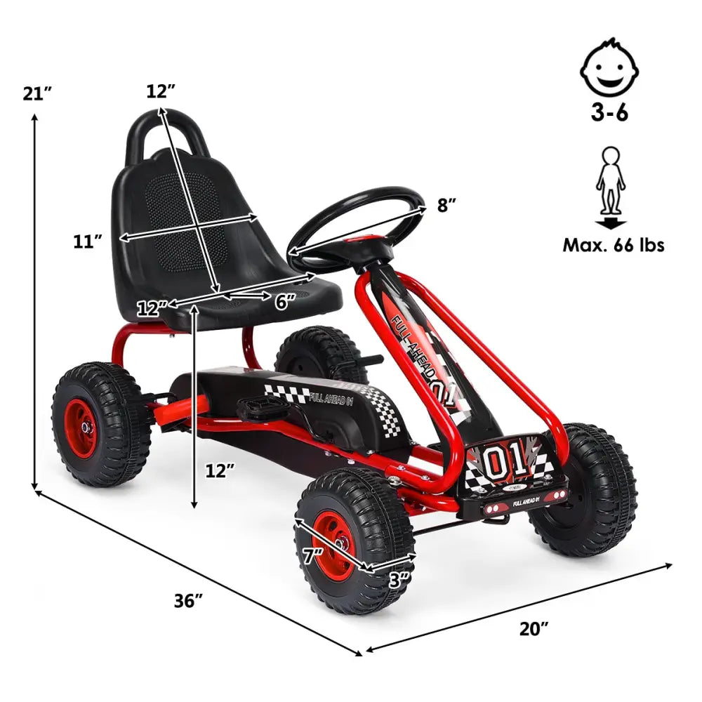 4 Wheel Pedal Powered Ride On with Adjustable Seat-Red - Red - Push & Pedal Ride On Toys