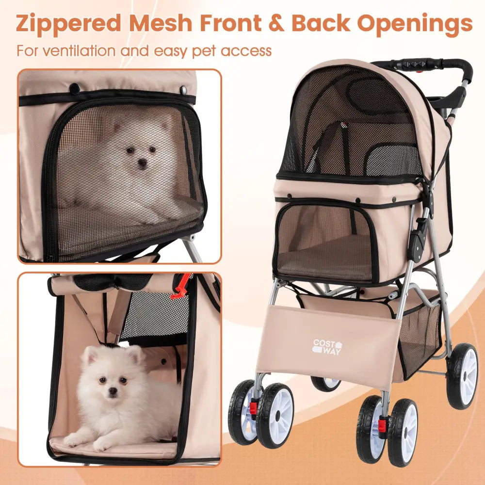 4 Wheel Pet Stroller for Small Dogs Cats up to 33 LBS-Beige - Beige - Dog Supplies