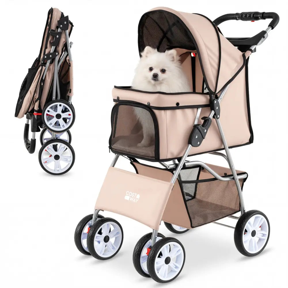 4 Wheel Pet Stroller for Small Dogs Cats up to 33 LBS-Beige - Beige - Dog Supplies