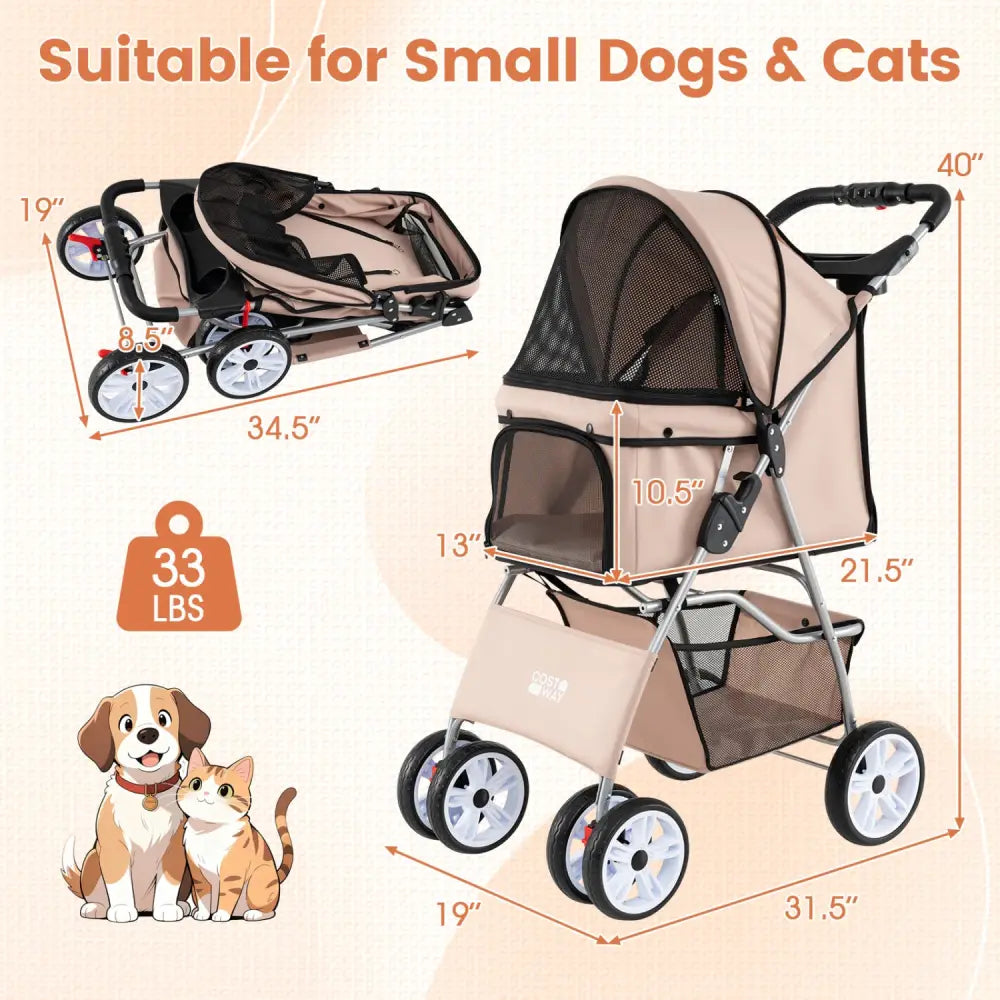 4 Wheel Pet Stroller for Small Dogs Cats up to 33 LBS-Beige - Beige - Dog Supplies