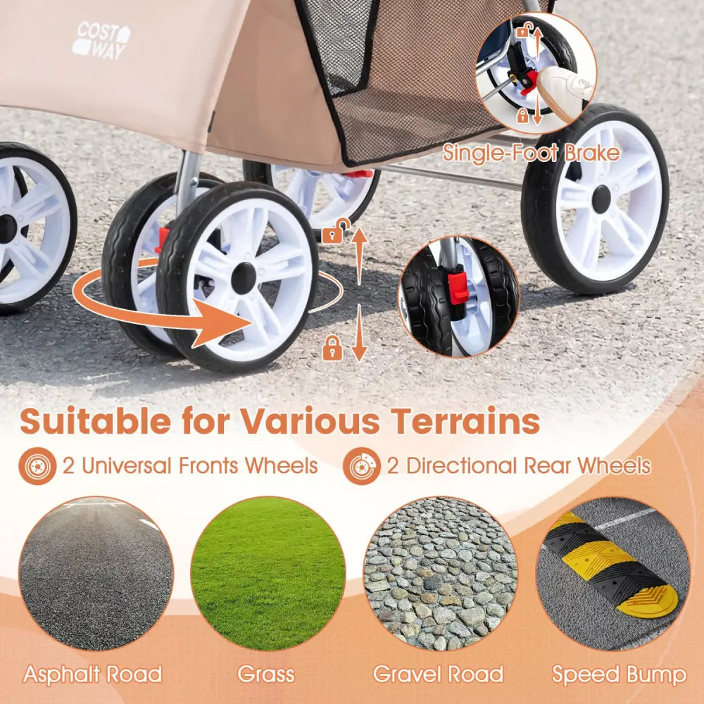 4 Wheel Pet Stroller for Small Dogs Cats up to 33 LBS-Beige - Beige - Dog Supplies