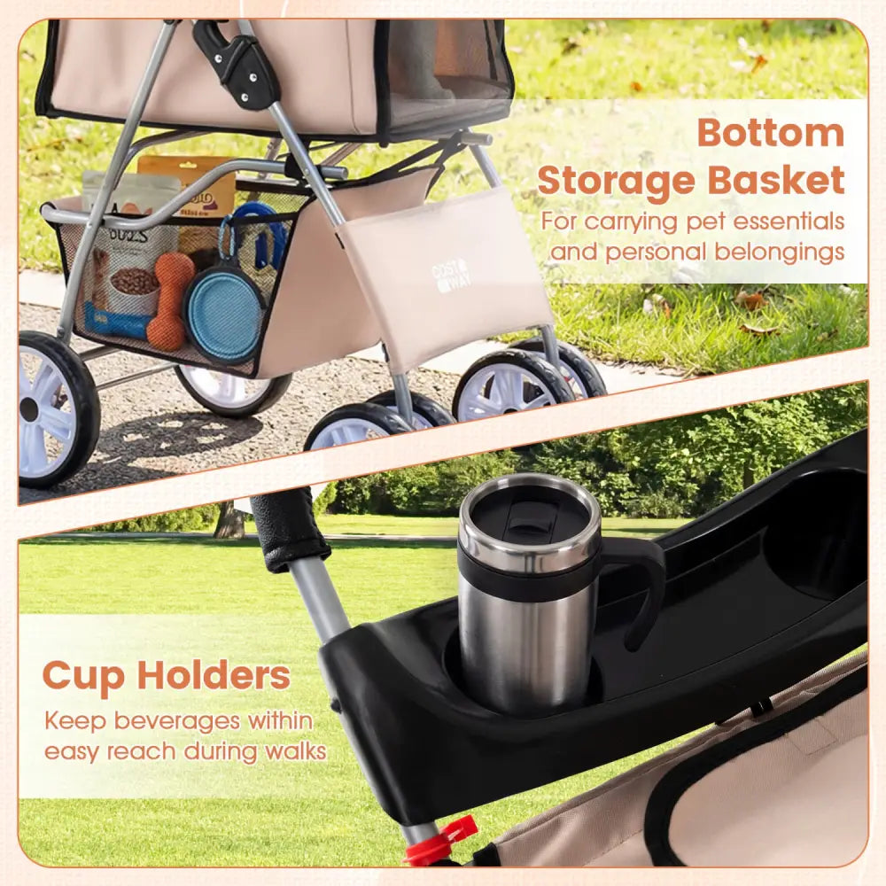 4 Wheel Pet Stroller for Small Dogs Cats up to 33 LBS-Beige - Beige - Dog Supplies