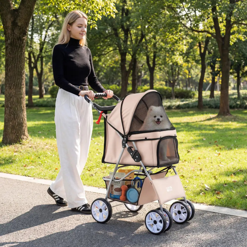 4 Wheel Pet Stroller for Small Dogs Cats up to 33 LBS-Beige - Beige - Dog Supplies