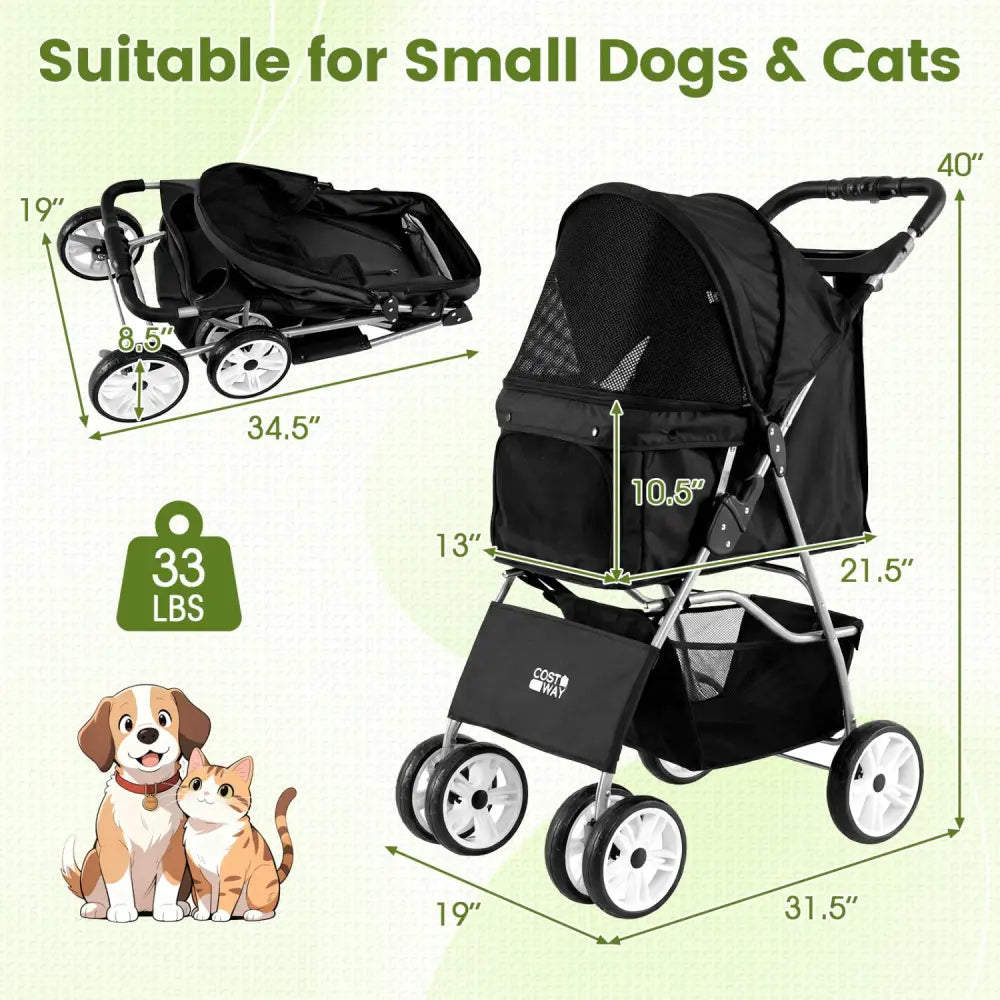4 Wheel Pet Stroller for Small Dogs Cats up to 33 LBS-Black - Black - Dog Supplies