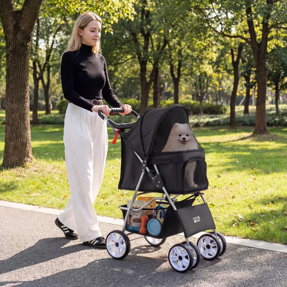 4 Wheel Pet Stroller for Small Dogs Cats up to 33 LBS-Black - Black - Dog Supplies