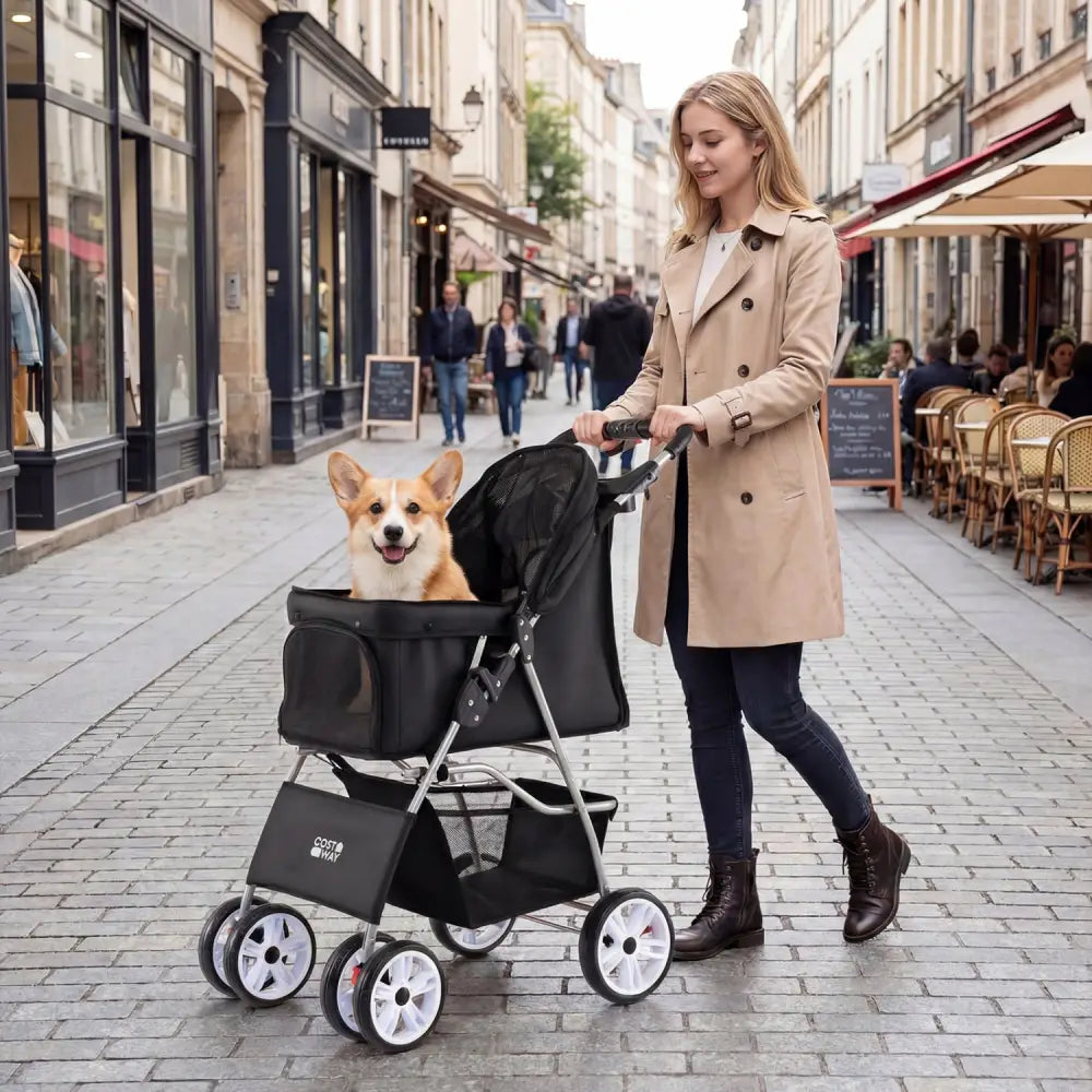 4 Wheel Pet Stroller for Small Dogs Cats up to 33 LBS-Black - Black - Dog Supplies