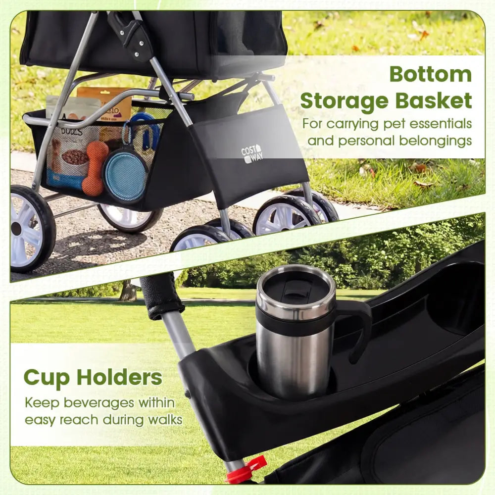 4 Wheel Pet Stroller for Small Dogs Cats up to 33 LBS-Black - Black - Dog Supplies