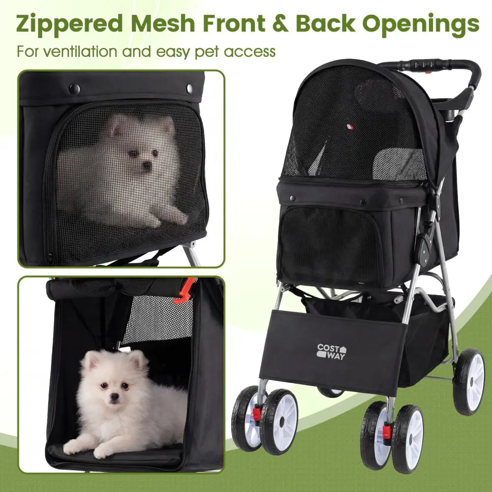 4 Wheel Pet Stroller for Small Dogs Cats up to 33 LBS-Black - Black - Dog Supplies