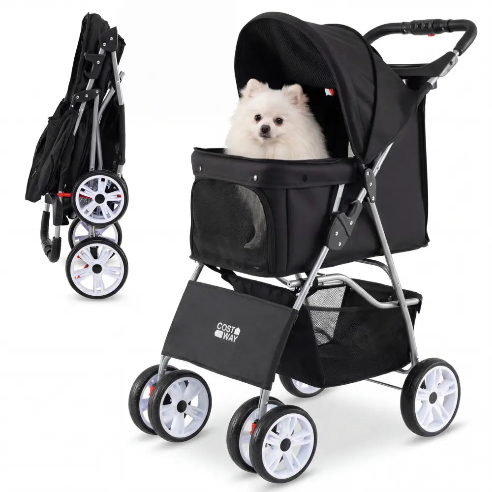 4 Wheel Pet Stroller for Small Dogs Cats up to 33 LBS-Black - Black - Dog Supplies