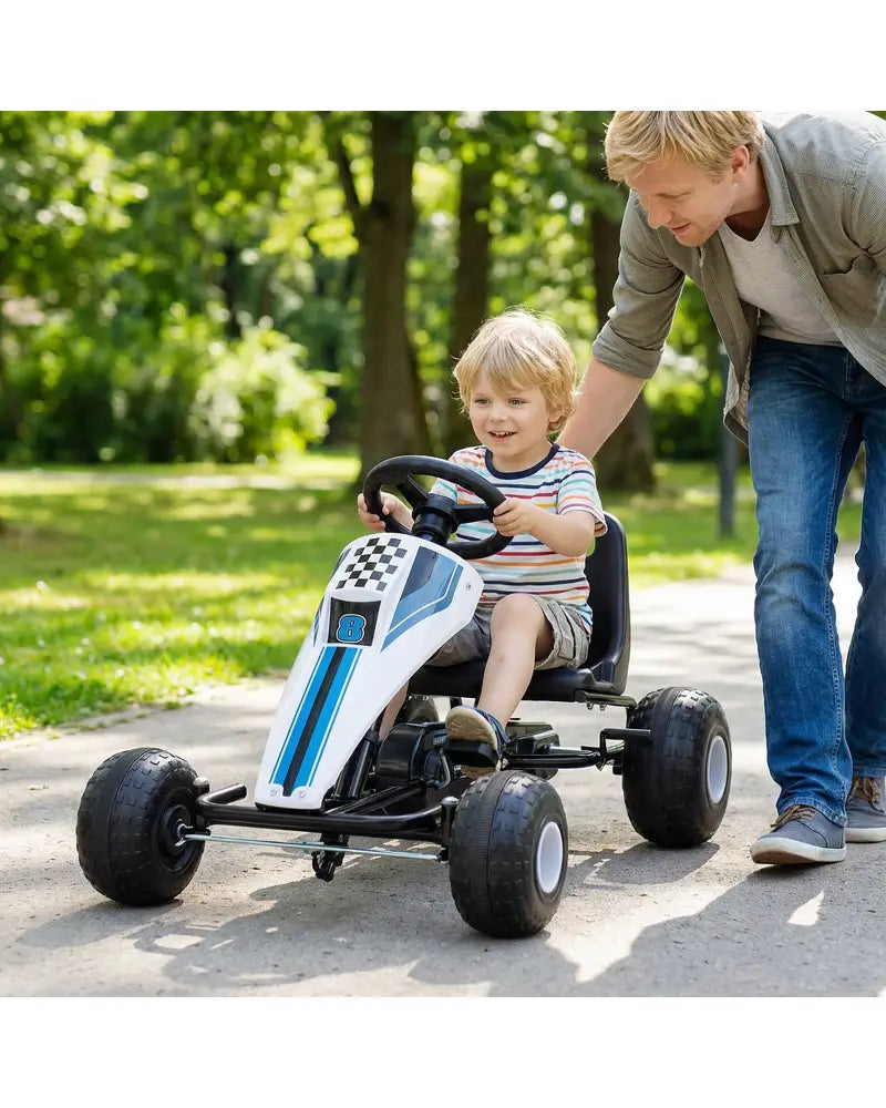 4-Wheel Ride On Toy Pedal Go Kart for Kids with Steering Wheel and Safe Handbrake-White - White - Push & Pedal Ride