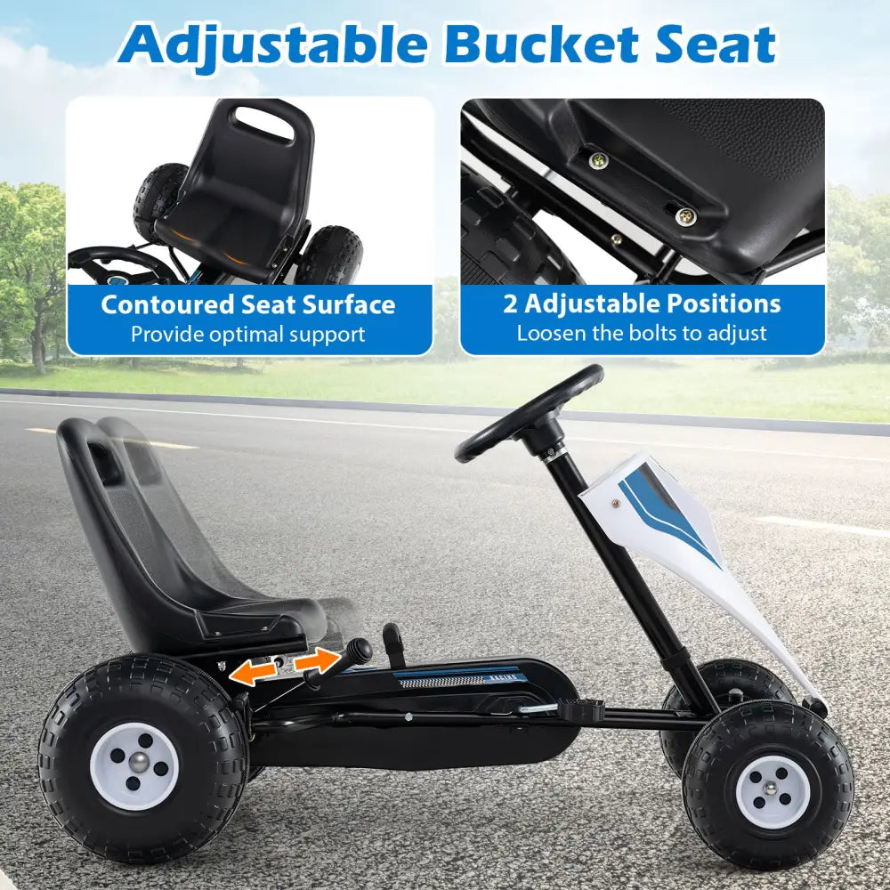 4-Wheel Ride On Toy Pedal Go Kart for Kids with Steering Wheel and Safe Handbrake-White - White - Push & Pedal Ride
