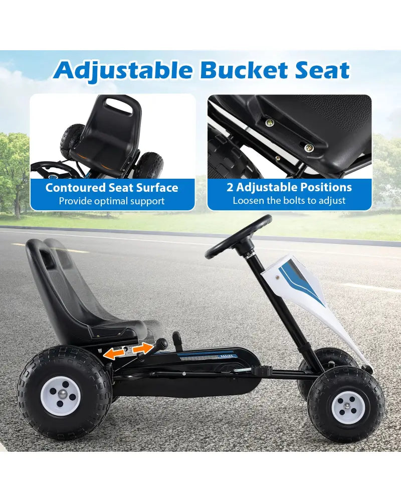 4-Wheel Ride On Toy Pedal Go Kart for Kids with Steering Wheel and Safe Handbrake-White - White - Push & Pedal Ride