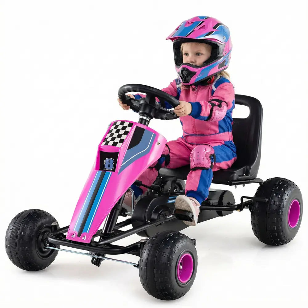 4-Wheel Ride On Toy Pedal Go Kart for Kids with Steering Wheel and Safe Handbrake-Pink - Pink - Push & Pedal Ride