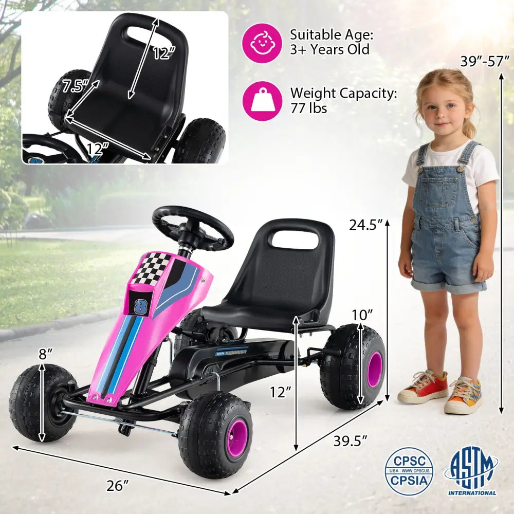 4-Wheel Ride On Toy Pedal Go Kart for Kids with Steering Wheel and Safe Handbrake-Pink - Pink - Push & Pedal Ride