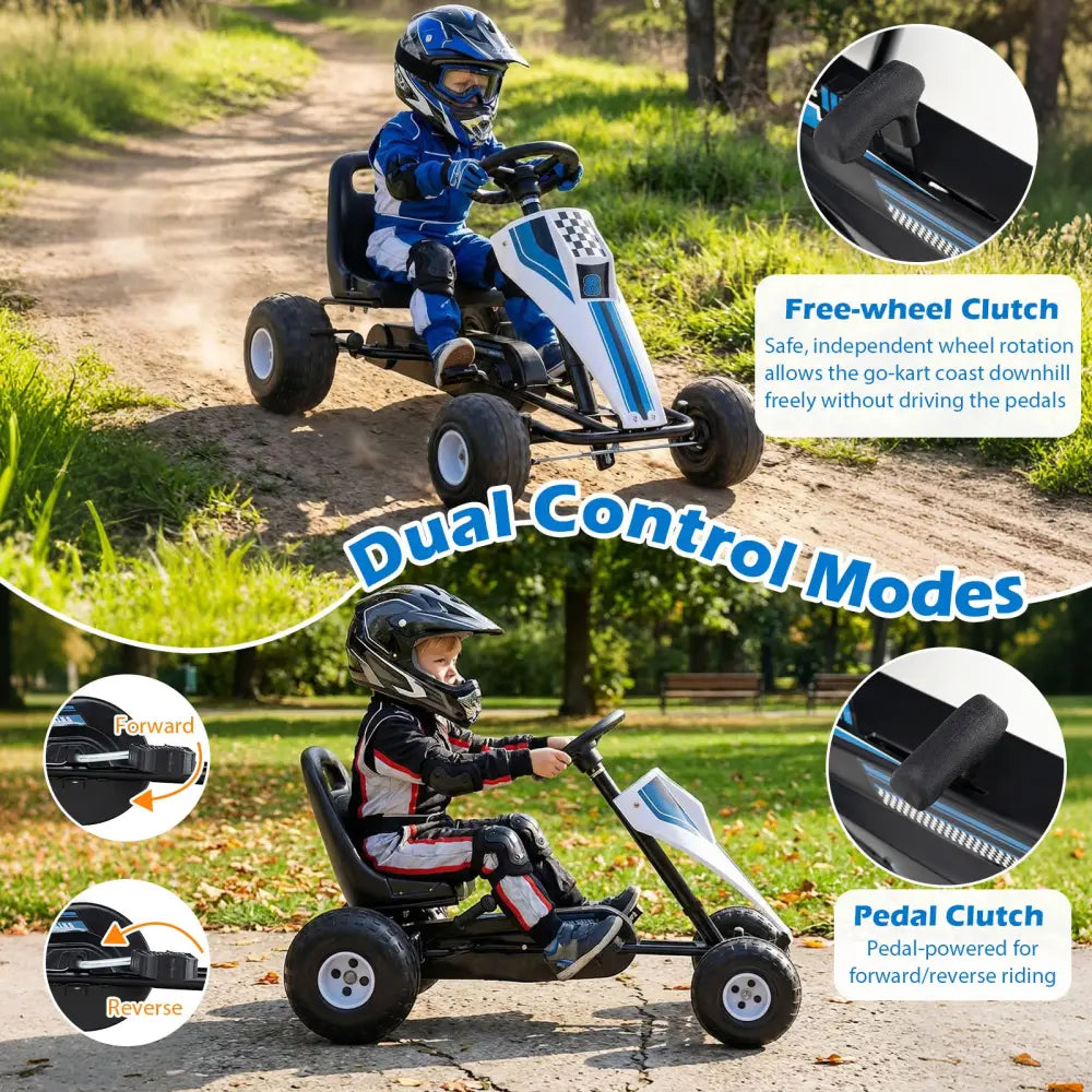 4-Wheel Ride On Toy Pedal Go Kart for Kids with Steering Wheel and Safe Handbrake-White - White - Push & Pedal Ride