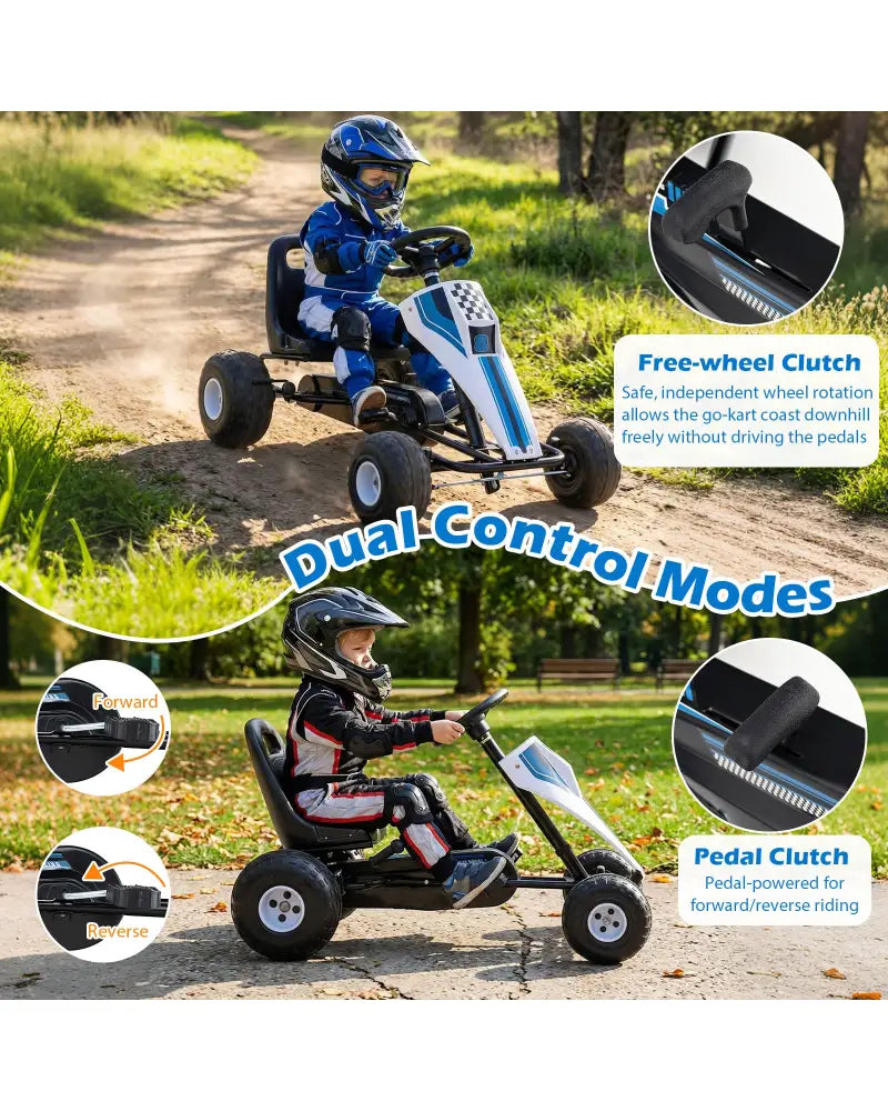 4-Wheel Ride On Toy Pedal Go Kart for Kids with Steering Wheel and Safe Handbrake-White - White - Push & Pedal Ride