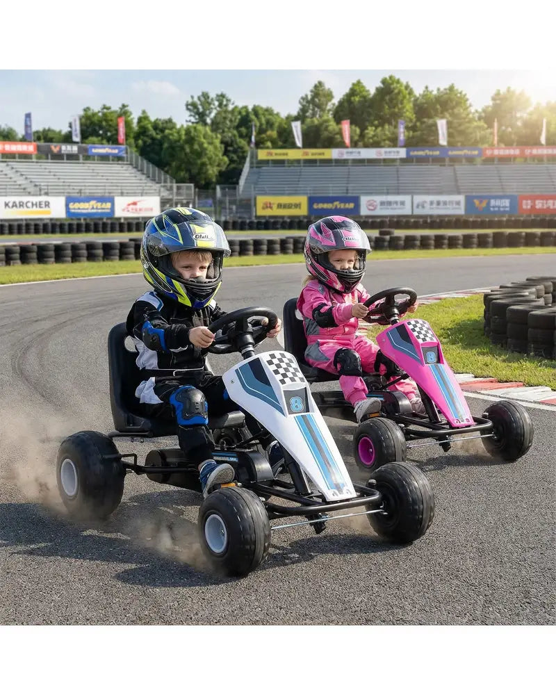 4-Wheel Ride On Toy Pedal Go Kart for Kids with Steering Wheel and Safe Handbrake-White - White - Push & Pedal Ride