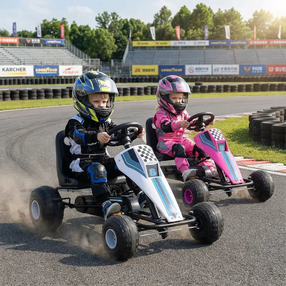4-Wheel Ride On Toy Pedal Go Kart for Kids with Steering Wheel and Safe Handbrake-White - White - Push & Pedal Ride