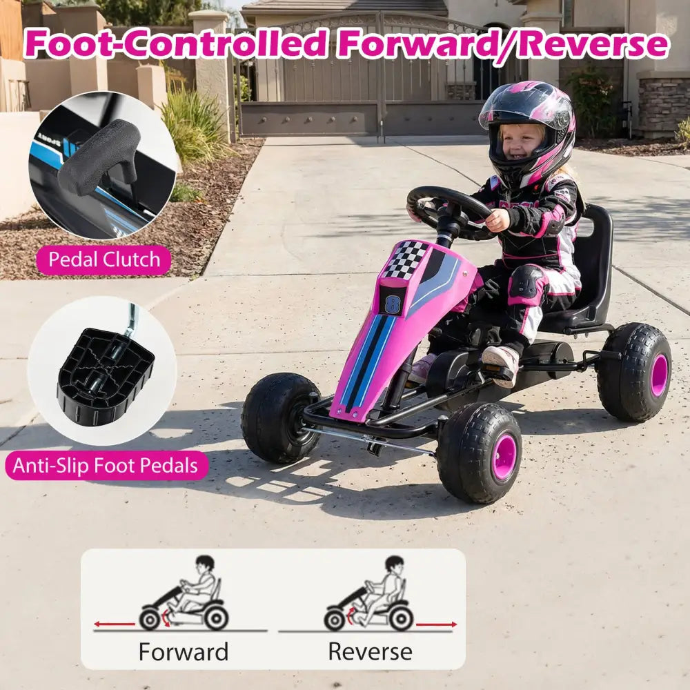 4-Wheel Ride On Toy Pedal Go Kart for Kids with Steering Wheel and Safe Handbrake-Pink - Pink - Push & Pedal Ride