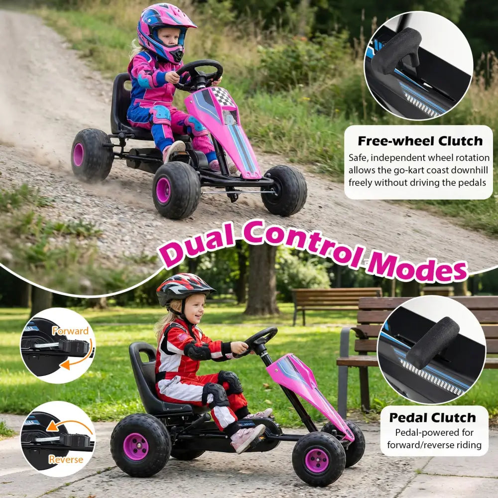 4-Wheel Ride On Toy Pedal Go Kart for Kids with Steering Wheel and Safe Handbrake-Pink - Pink - Push & Pedal Ride