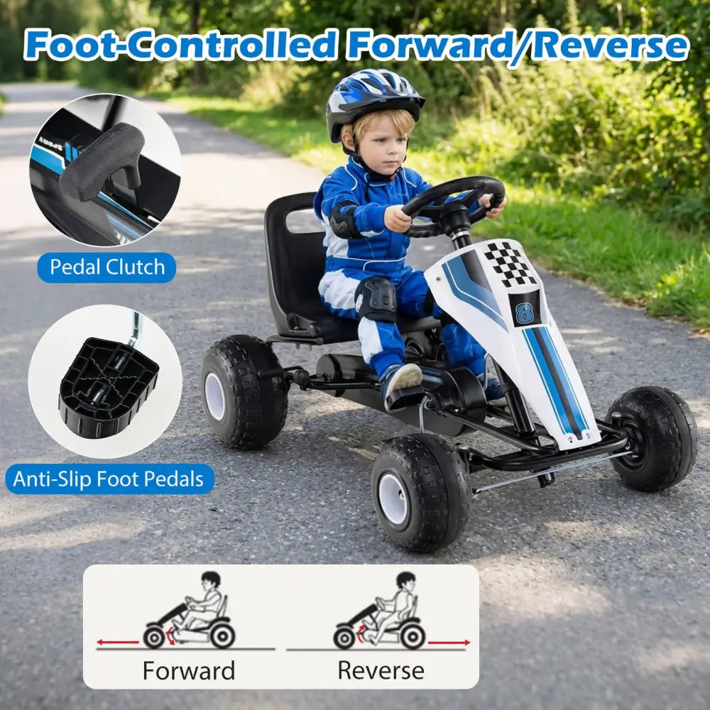4-Wheel Ride On Toy Pedal Go Kart for Kids with Steering Wheel and Safe Handbrake-White - White - Push & Pedal Ride