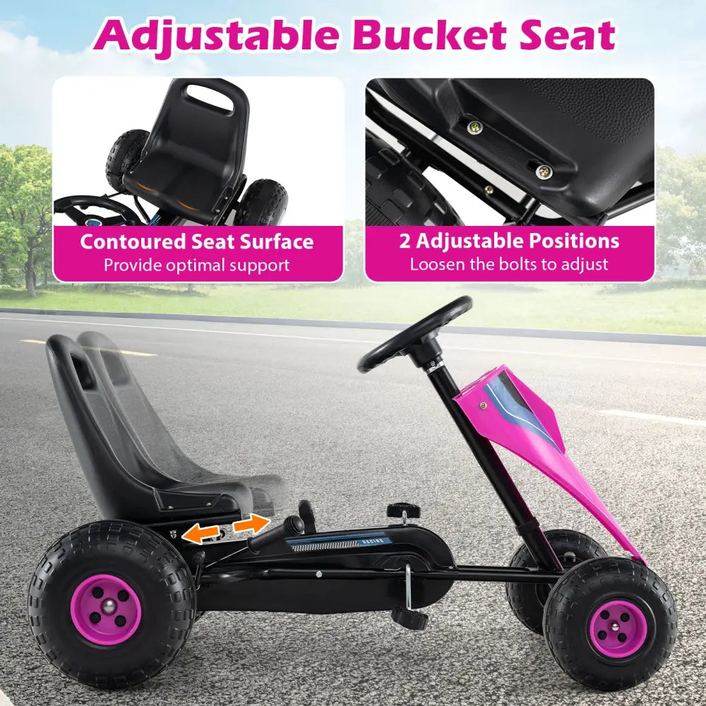 4-Wheel Ride On Toy Pedal Go Kart for Kids with Steering Wheel and Safe Handbrake-Pink - Pink - Push & Pedal Ride