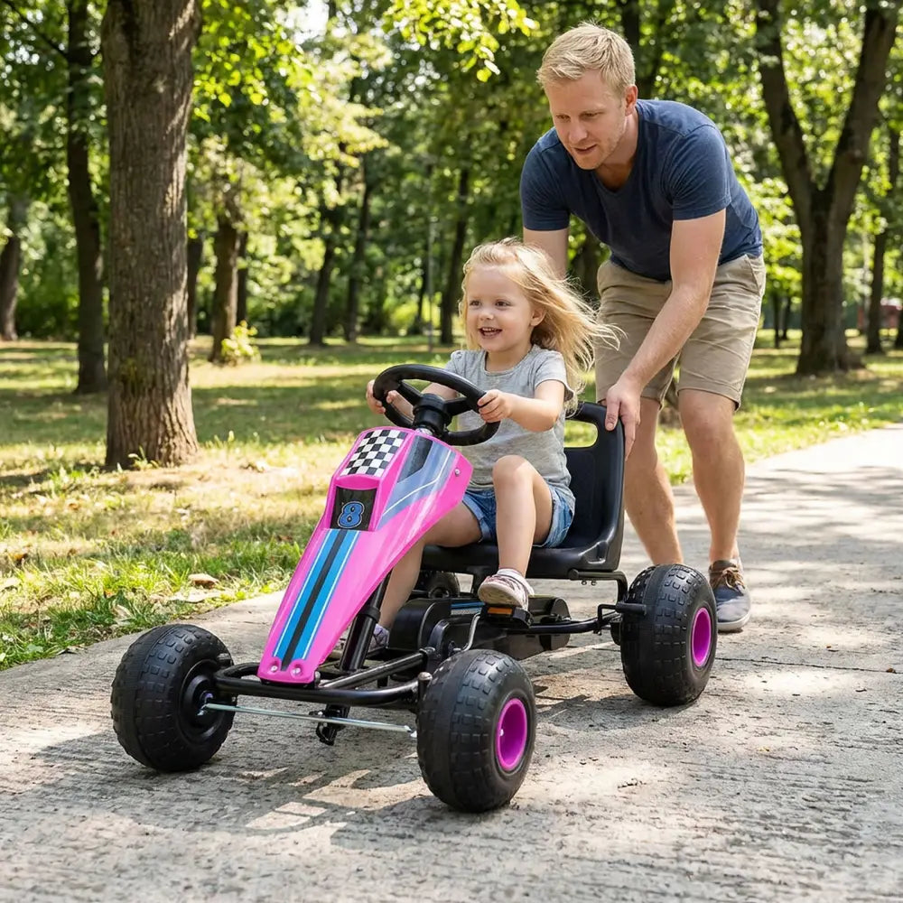 4-Wheel Ride On Toy Pedal Go Kart for Kids with Steering Wheel and Safe Handbrake-Pink - Pink - Push & Pedal Ride