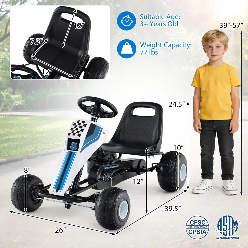 4-Wheel Ride On Toy Pedal Go Kart for Kids with Steering Wheel and Safe Handbrake-White - White - Push & Pedal Ride