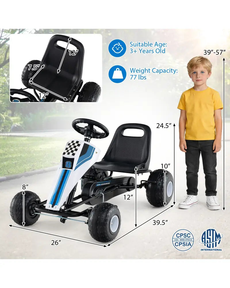 4-Wheel Ride On Toy Pedal Go Kart for Kids with Steering Wheel and Safe Handbrake-White - White - Push & Pedal Ride