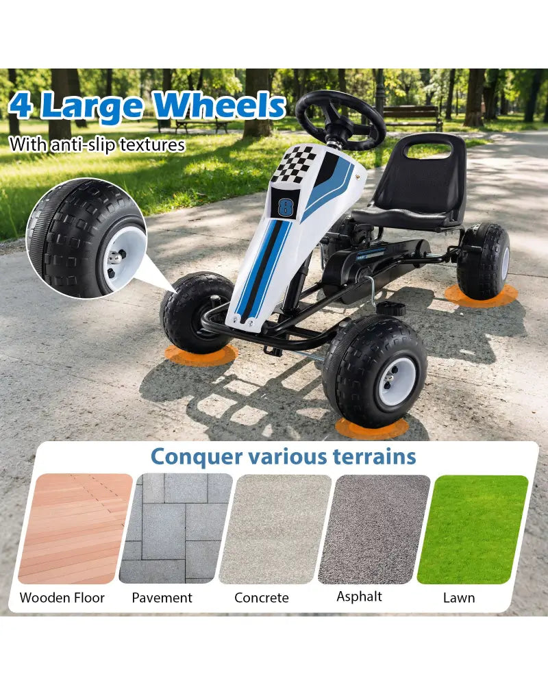 4-Wheel Ride On Toy Pedal Go Kart for Kids with Steering Wheel and Safe Handbrake-White - White - Push & Pedal Ride