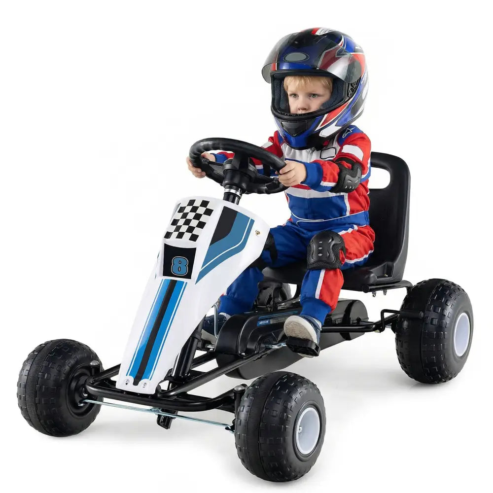4-Wheel Ride On Toy Pedal Go Kart for Kids with Steering Wheel and Safe Handbrake-White - White - Push & Pedal Ride