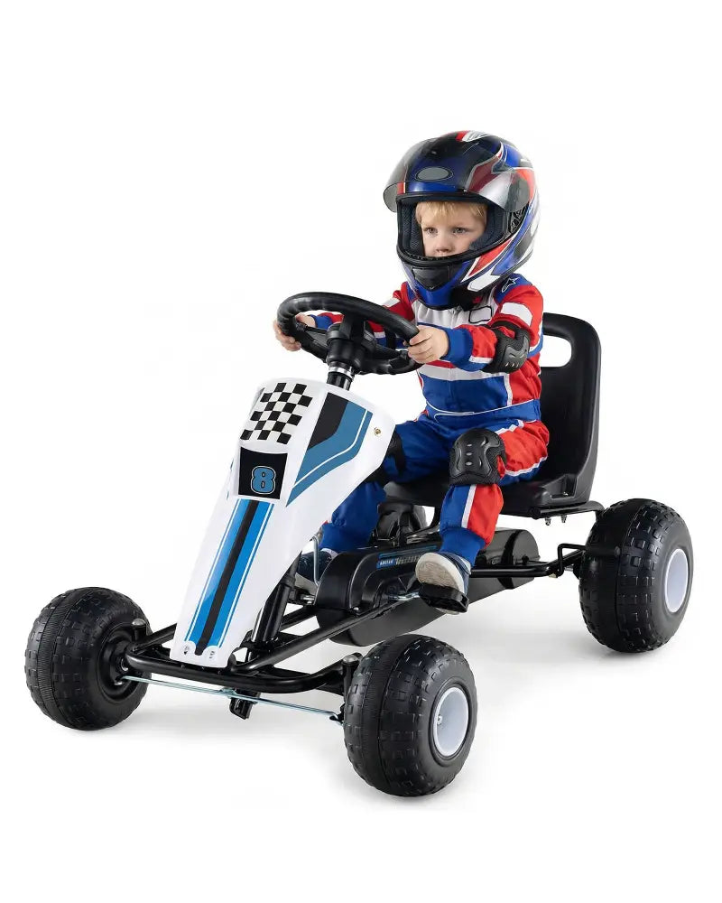 4-Wheel Ride On Toy Pedal Go Kart for Kids with Steering Wheel and Safe Handbrake-White - White - Push & Pedal Ride