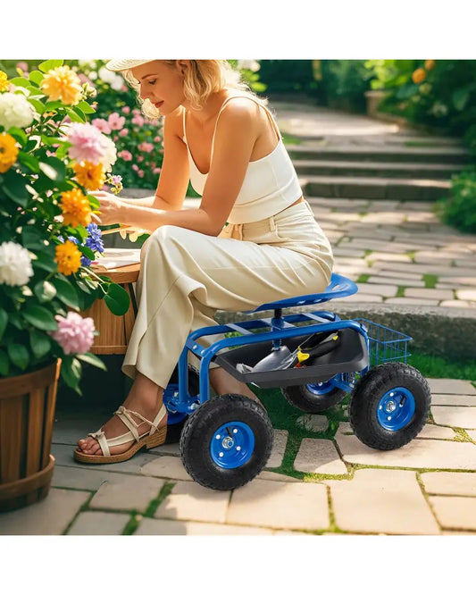 4-Wheel Rolling Garden Cart Work Seat-Blue - Blue - Garden Carts
