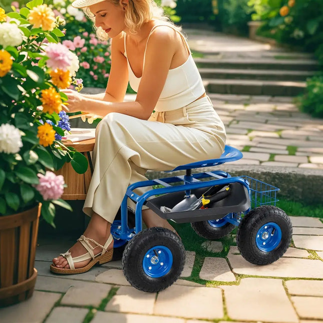 4-Wheel Rolling Garden Cart Work Seat-Blue - Blue - Garden Carts