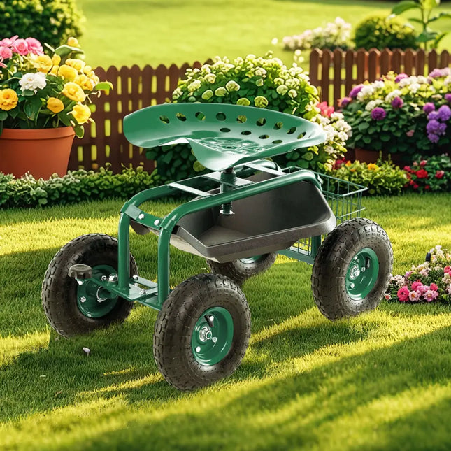 4-Wheel Rolling Garden Cart Work Seat-Green - Green - Garden Carts