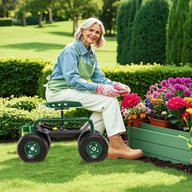 4-Wheel Rolling Garden Cart Work Seat-Green - Green - Garden Carts