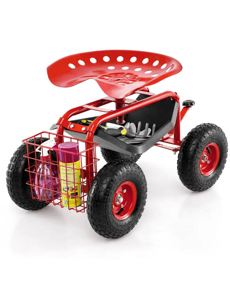 4-Wheel Rolling Garden Cart Work Seat-Red - Red - Garden Carts