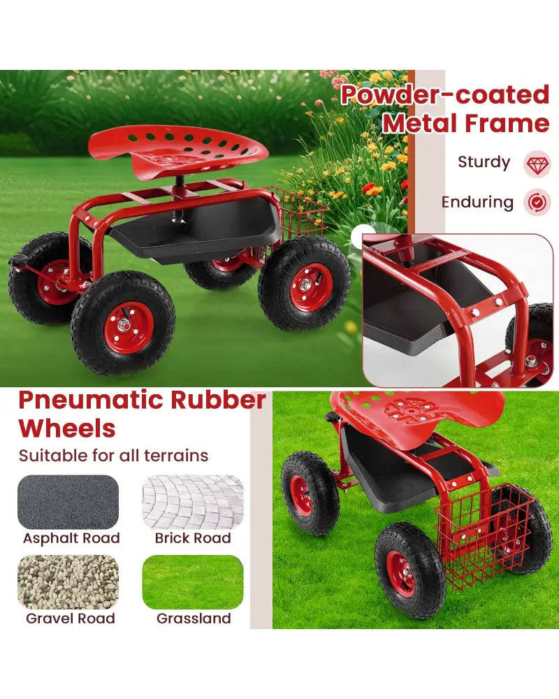 4-Wheel Rolling Garden Cart Work Seat-Red - Red - Garden Carts