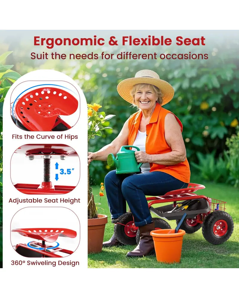 4-Wheel Rolling Garden Cart Work Seat-Red - Red - Garden Carts