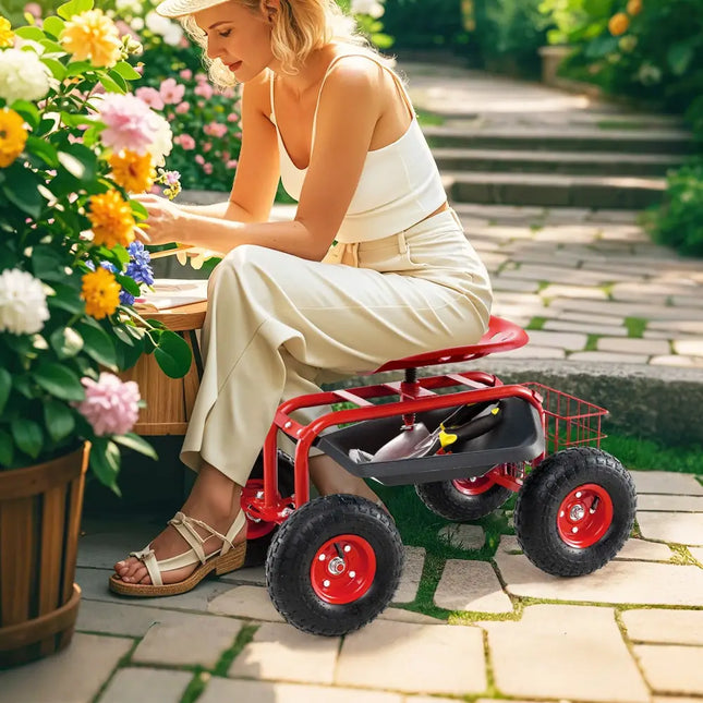 4-Wheel Rolling Garden Cart Work Seat-Red - Red - Garden Carts
