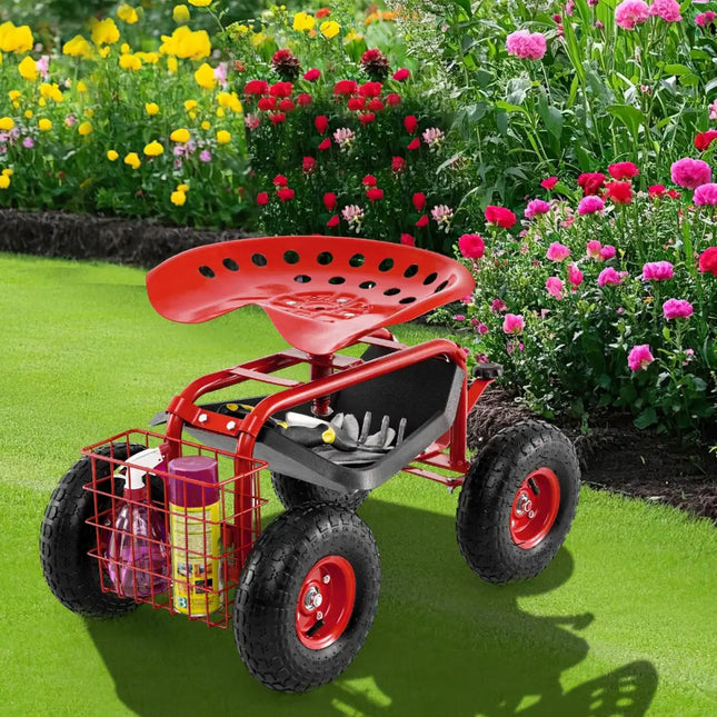 4-Wheel Rolling Garden Cart Work Seat-Red - Red - Garden Carts