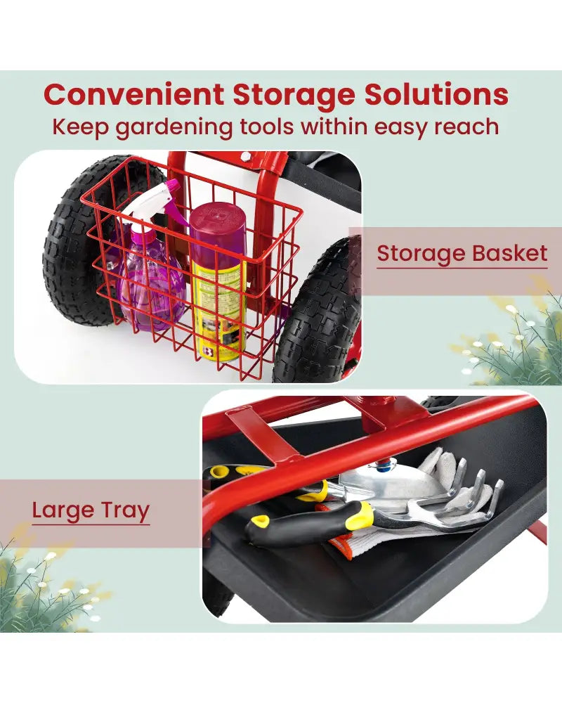 4-Wheel Rolling Garden Cart Work Seat-Red - Red - Garden Carts