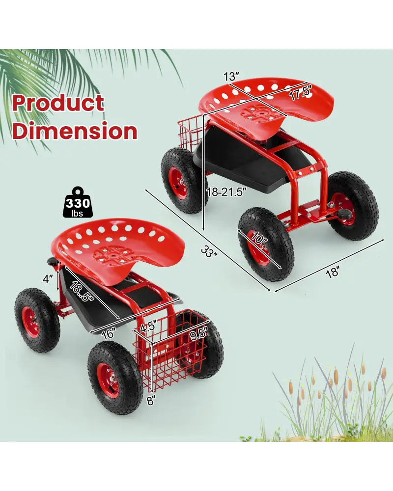 4-Wheel Rolling Garden Cart Work Seat-Red - Red - Garden Carts