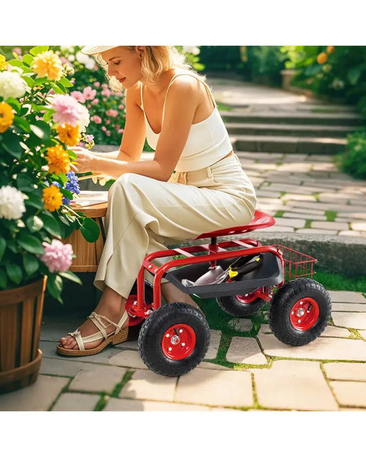 4-Wheel Rolling Garden Cart Work Seat-Red - Red - Garden Carts