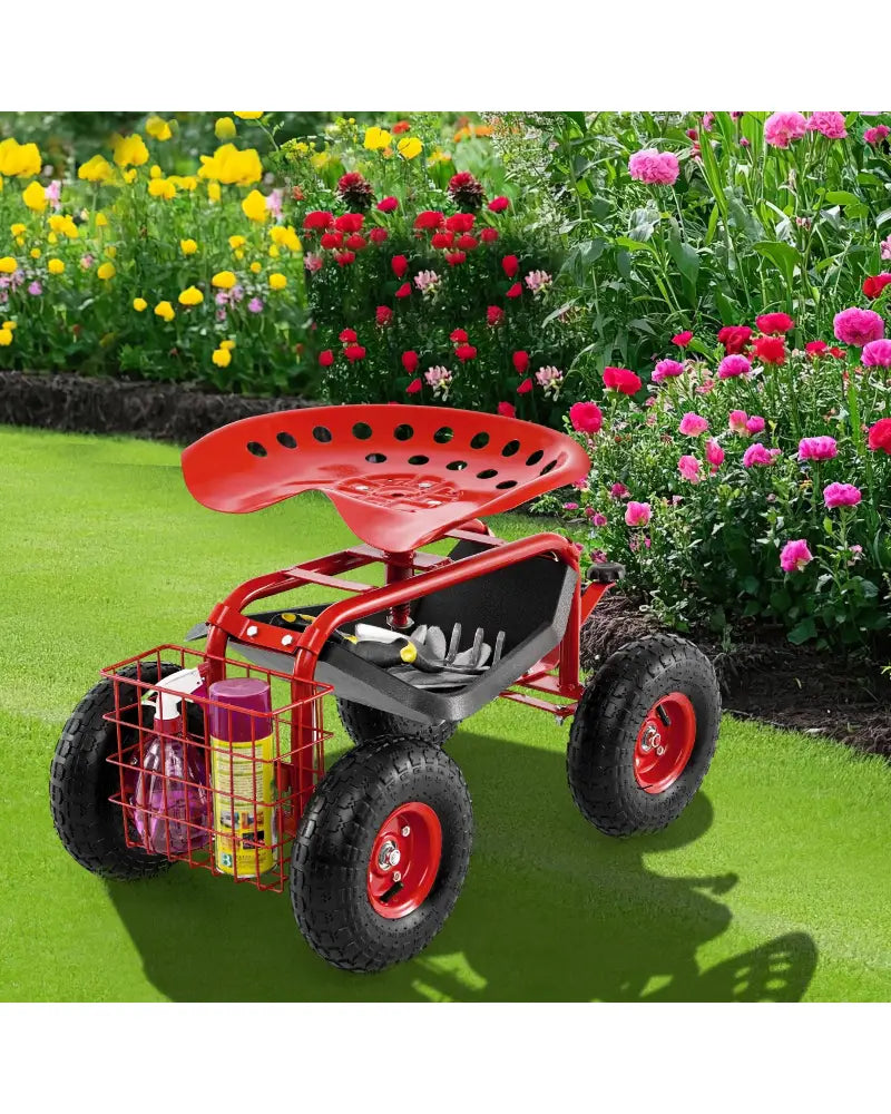 4-Wheel Rolling Garden Cart Work Seat-Red - Red - Garden Carts