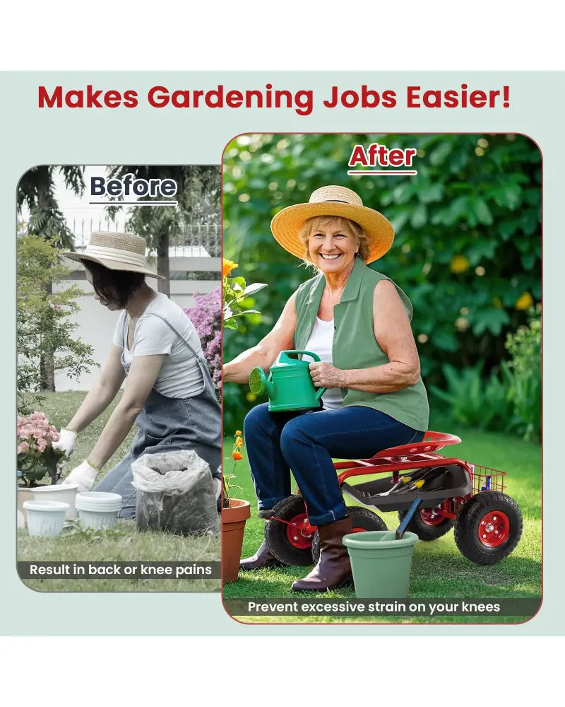 4-Wheel Rolling Garden Cart Work Seat-Red - Red - Garden Carts