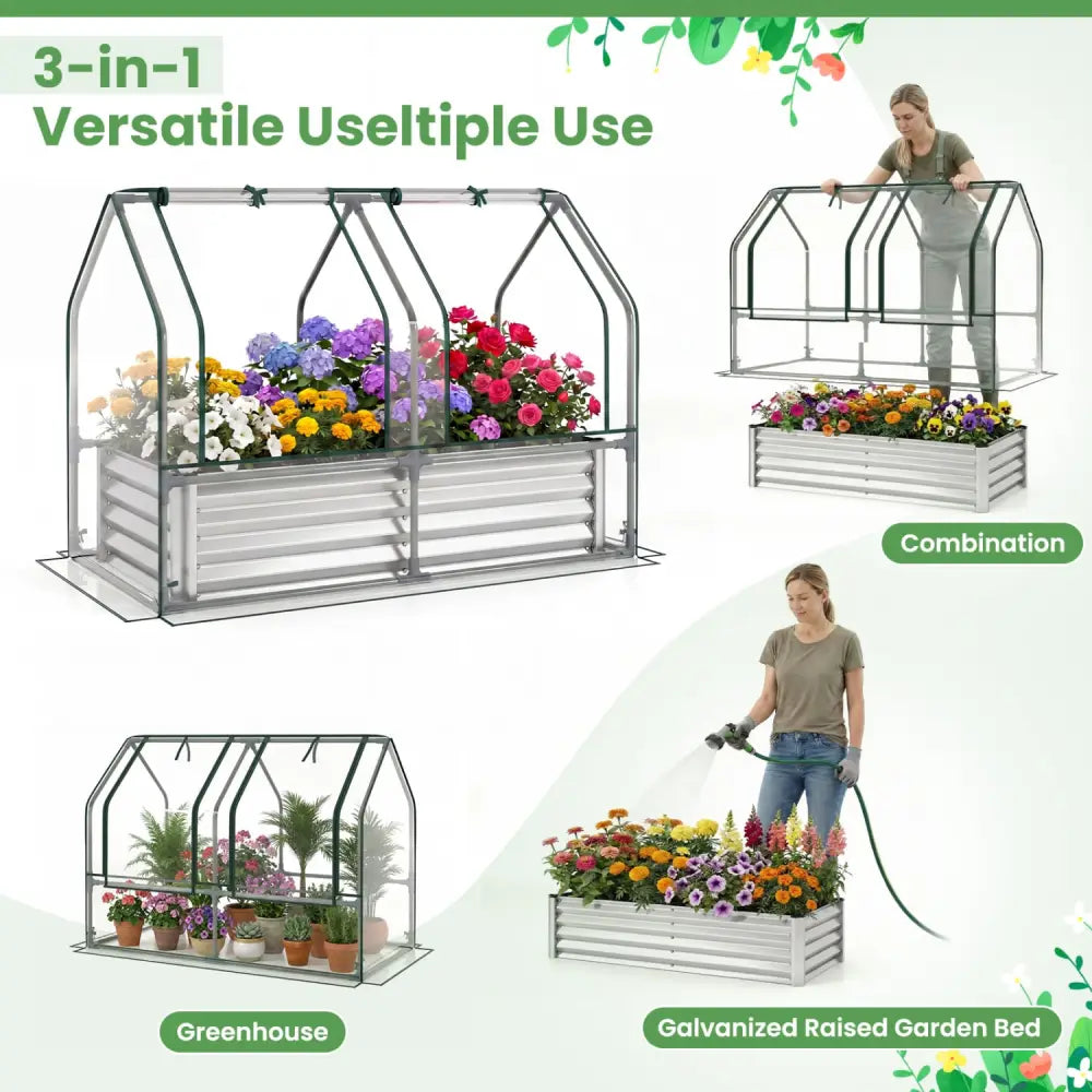 4 x 2 x 3 Feet Small Galvanized Raised Garden Bed with Greenhouse Cover-Silver - Silver - Raised Garden Beds
