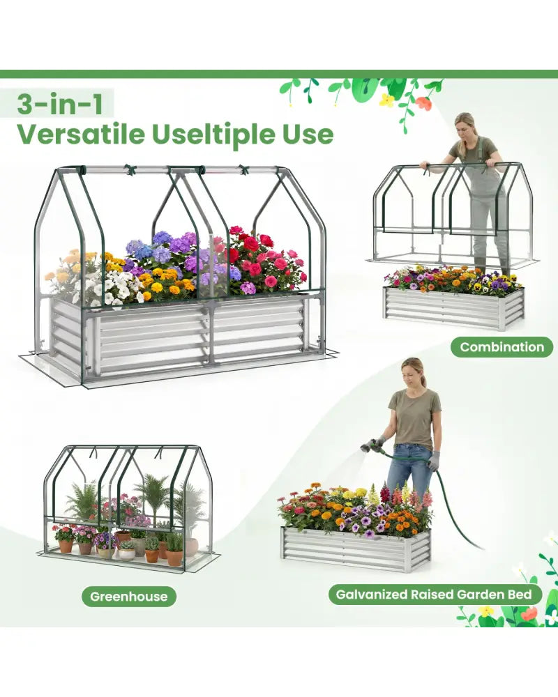 4 x 2 x 3 Feet Small Galvanized Raised Garden Bed with Greenhouse Cover-Silver - Silver - Raised Garden Beds