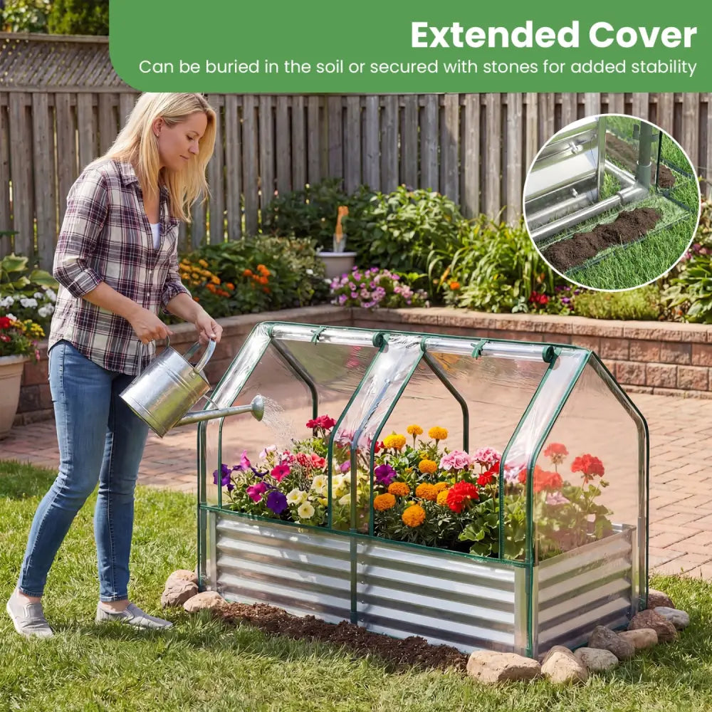4 x 2 x 3 Feet Small Galvanized Raised Garden Bed with Greenhouse Cover-Silver - Silver - Raised Garden Beds